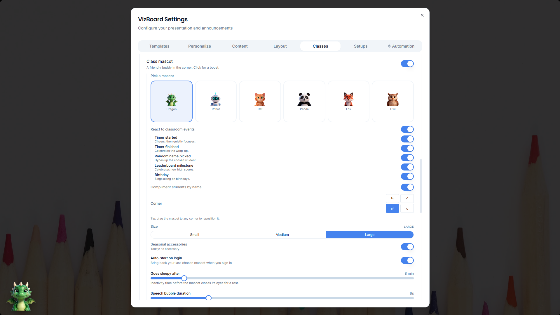 Mascot picker showing dragon, owl, cat, panda, fox, and robot options